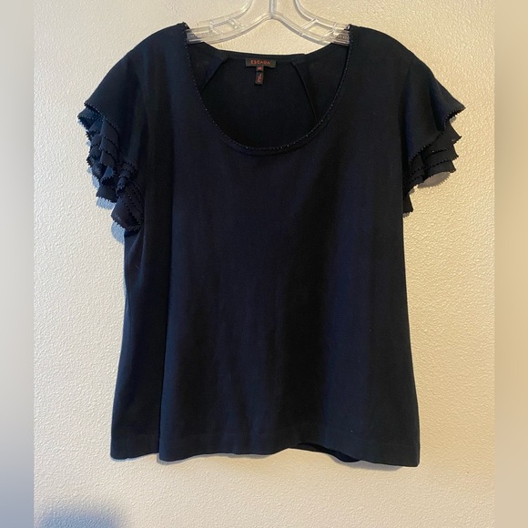 Escada Silk/Cashmere Dark Navy Top with Silk/Beaded Ruffle Sleeve Detail Sz 46. - Picture 1 of 8
